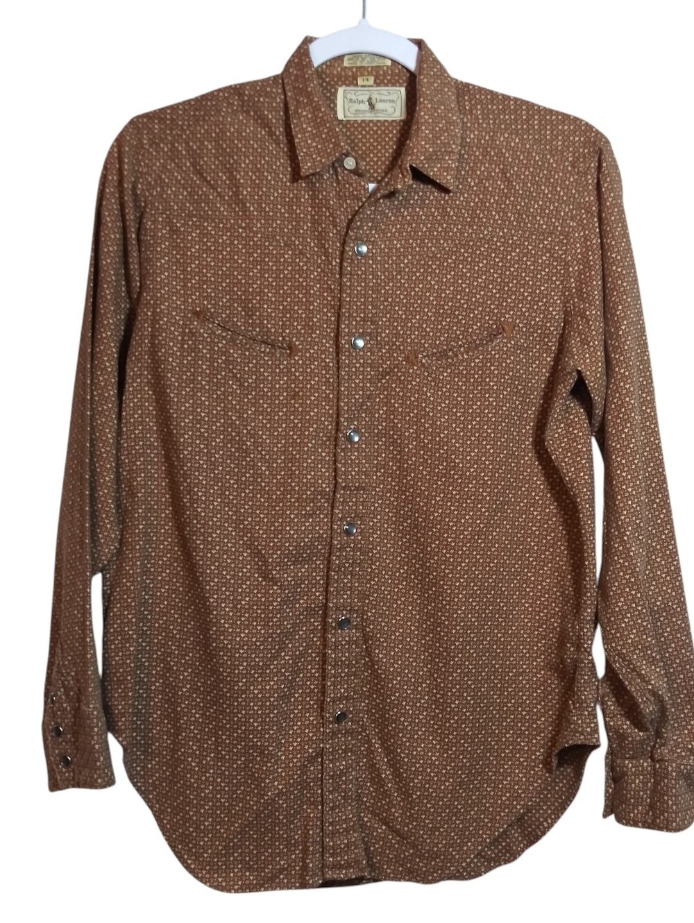 Vintage Ralph Lauren Western Wear Pearl Snap Piped Brown Print 70s Size M